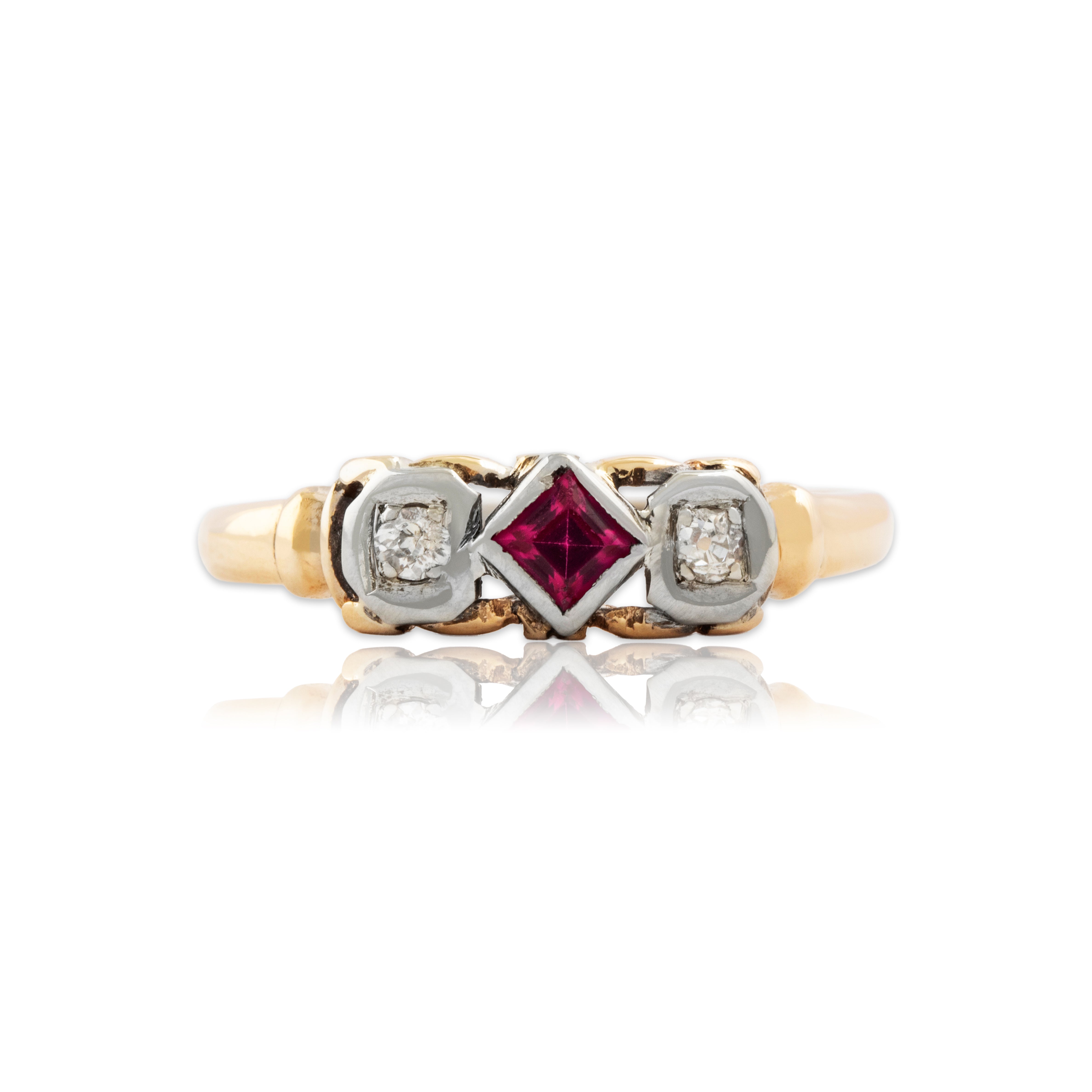 Antique Art Deco 14k Yellow Gold Synthetic Ruby Natural Old Mine Diamond Trio Ring 8.25