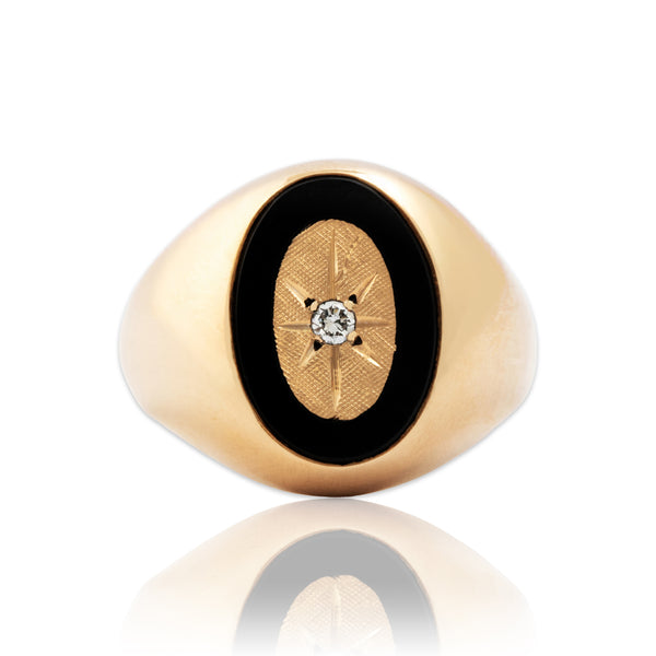 Vintage Larter & Sons Heavy 14k Yellow Gold Onyx Diamond Star Signet Ring 7.25