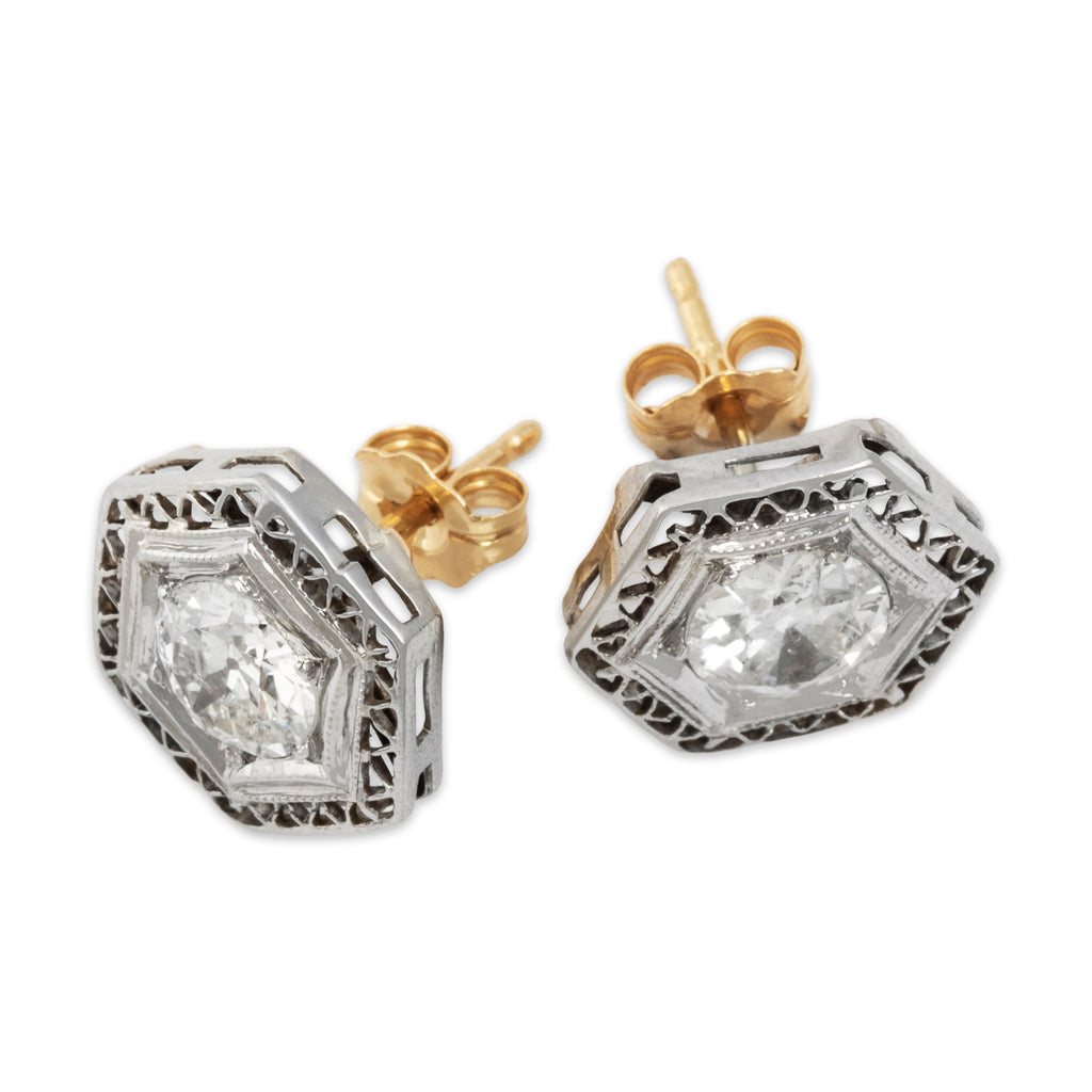 Antique 14k Yellow & 10k White Gold 1.22cttw Old European Diamond Stud Earrings
