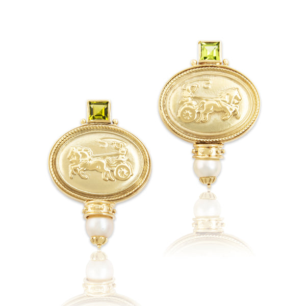 Vintage Large 14k Yellow Gold 1.36cttw Peridot Pearl Chic Etruscan Revival Earrings