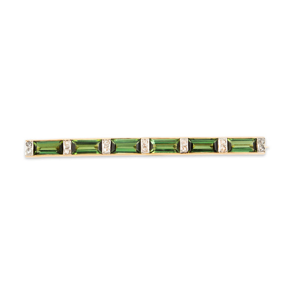 Antique 14k Yellow Gold & Platinum Tourmaline Diamond Beautiful Bar Brooch / Pin