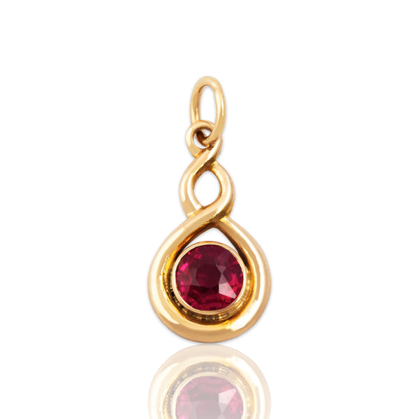 Antique 14k Yellow Gold Synthetic Ruby Spiraling Swirl Bezel Charm / Pendant