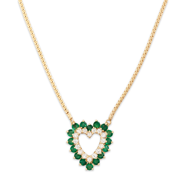 Vintage 14k Yellow Gold 1.9cttw Emerald 0.704cttw Diamond Heart Necklace 16.25