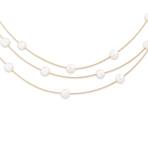 Vintage 14k Yellow Gold Pearl Lustrous Triple Strand  Necklace 16