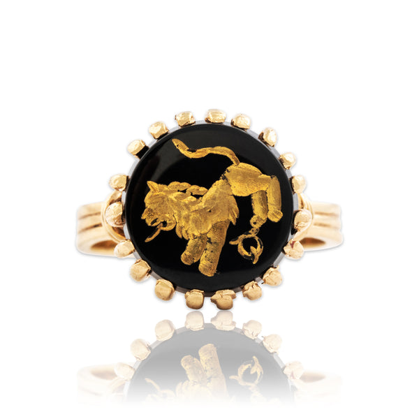 Vintage 10k Yellow Gold 2.2ct Onyx Gilded Lion Ring 7.25