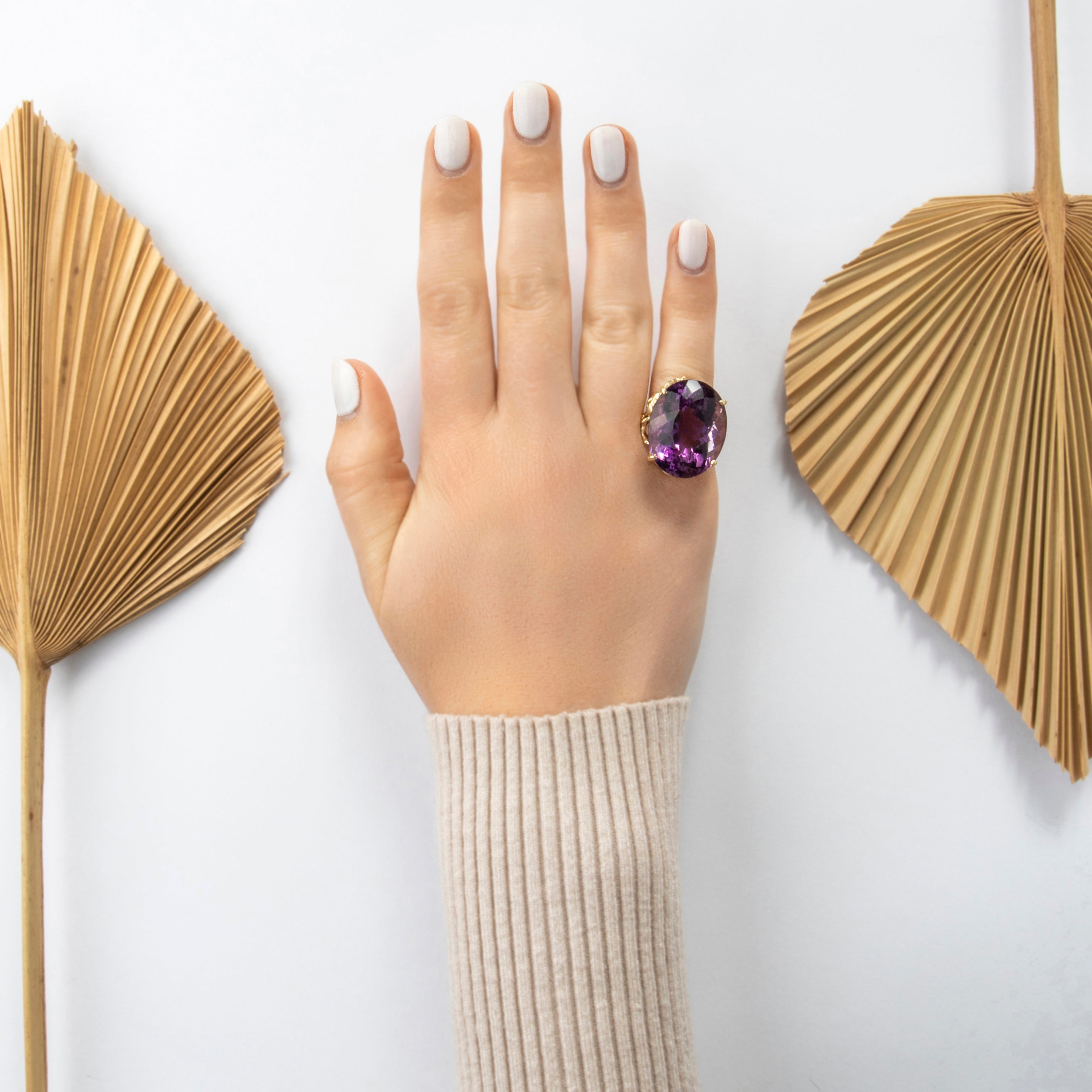 Vintag Large 14k Yellow Gold 37.7ct Amethyst Brutalist Cocktail Ring - On model view