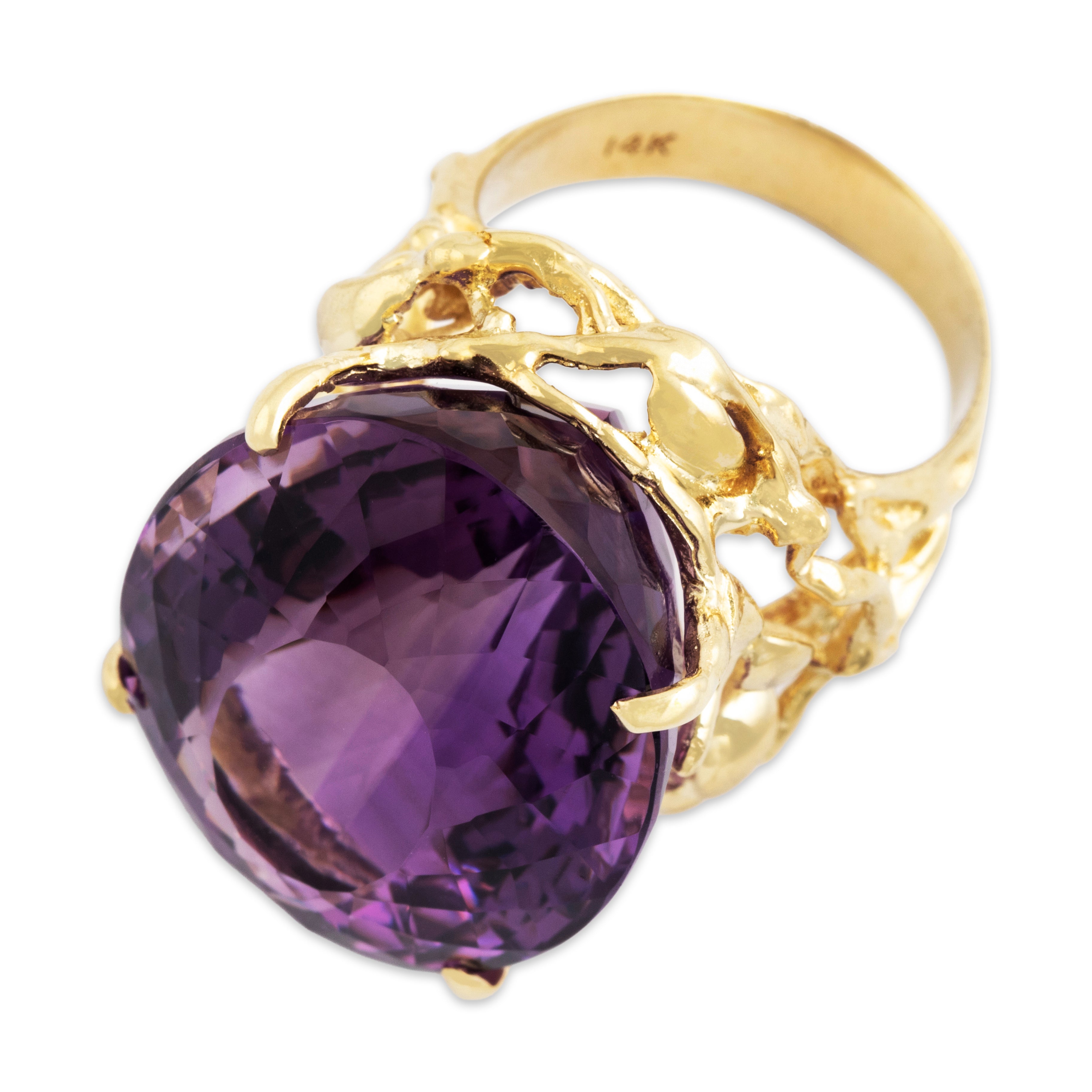 Vintag Large 14k Yellow Gold 37.7ct Amethyst Brutalist Cocktail Ring - Overall view