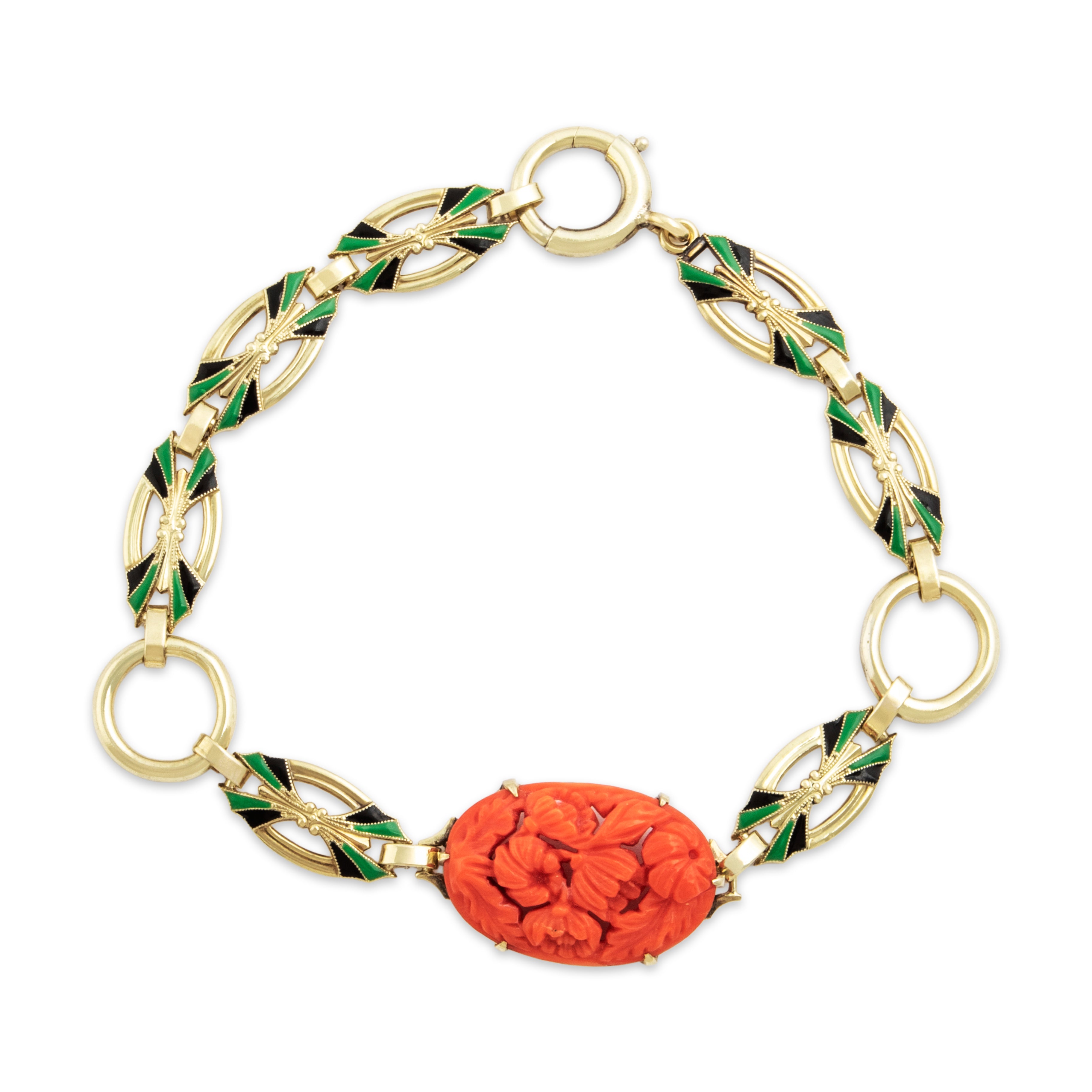 Antique 14k Yellow Gold Carved Coral Black & Green Enamel Bracelet 7.25"