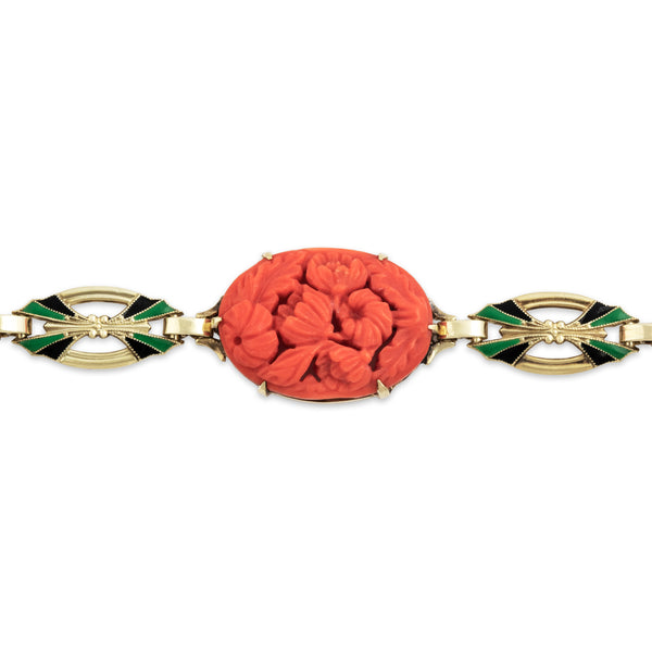 Antique 14k Yellow Gold Carved Coral Black & Green Enamel Bracelet 7.25
