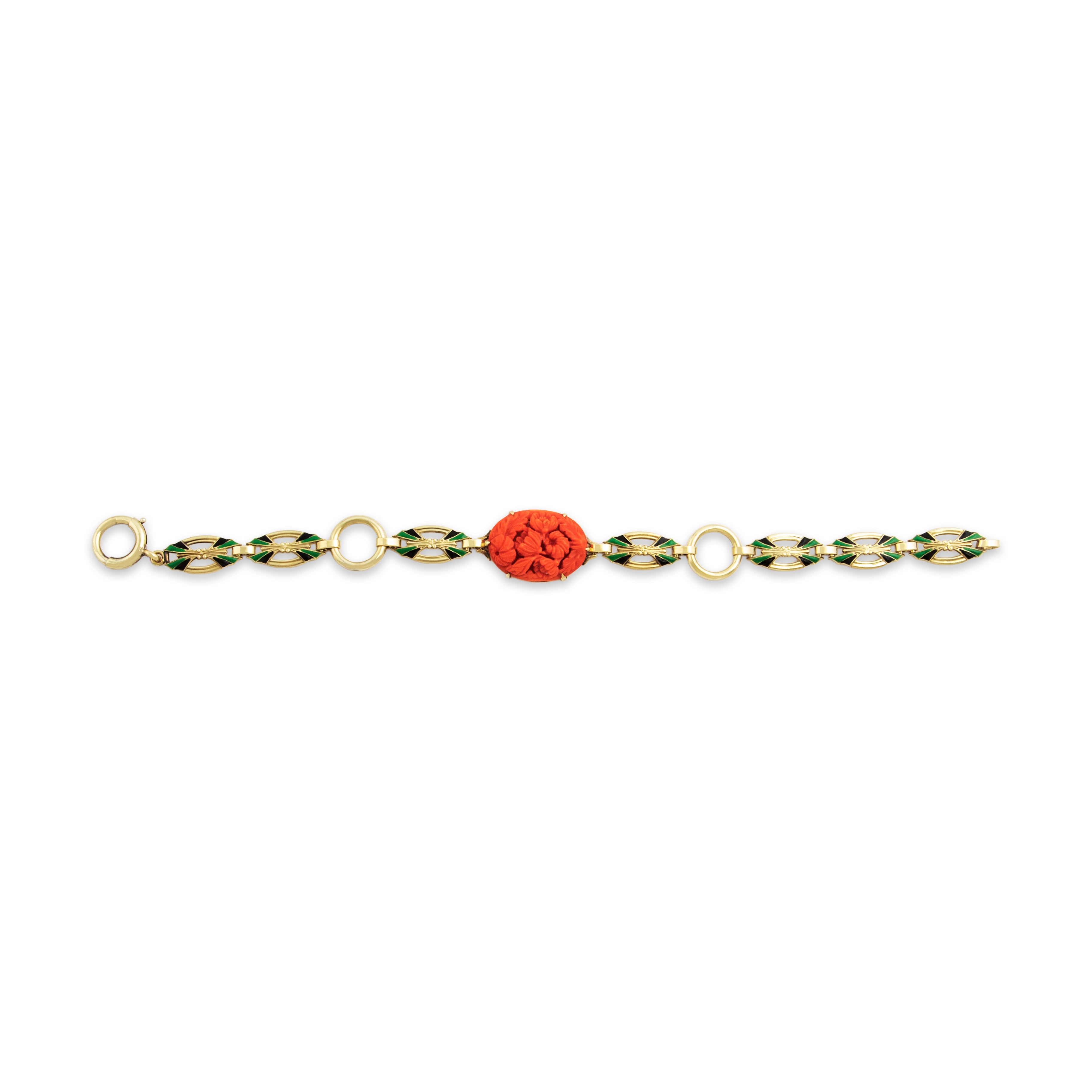 Antique 14k Yellow Gold Carved Coral Black & Green Enamel Bracelet 7.25"