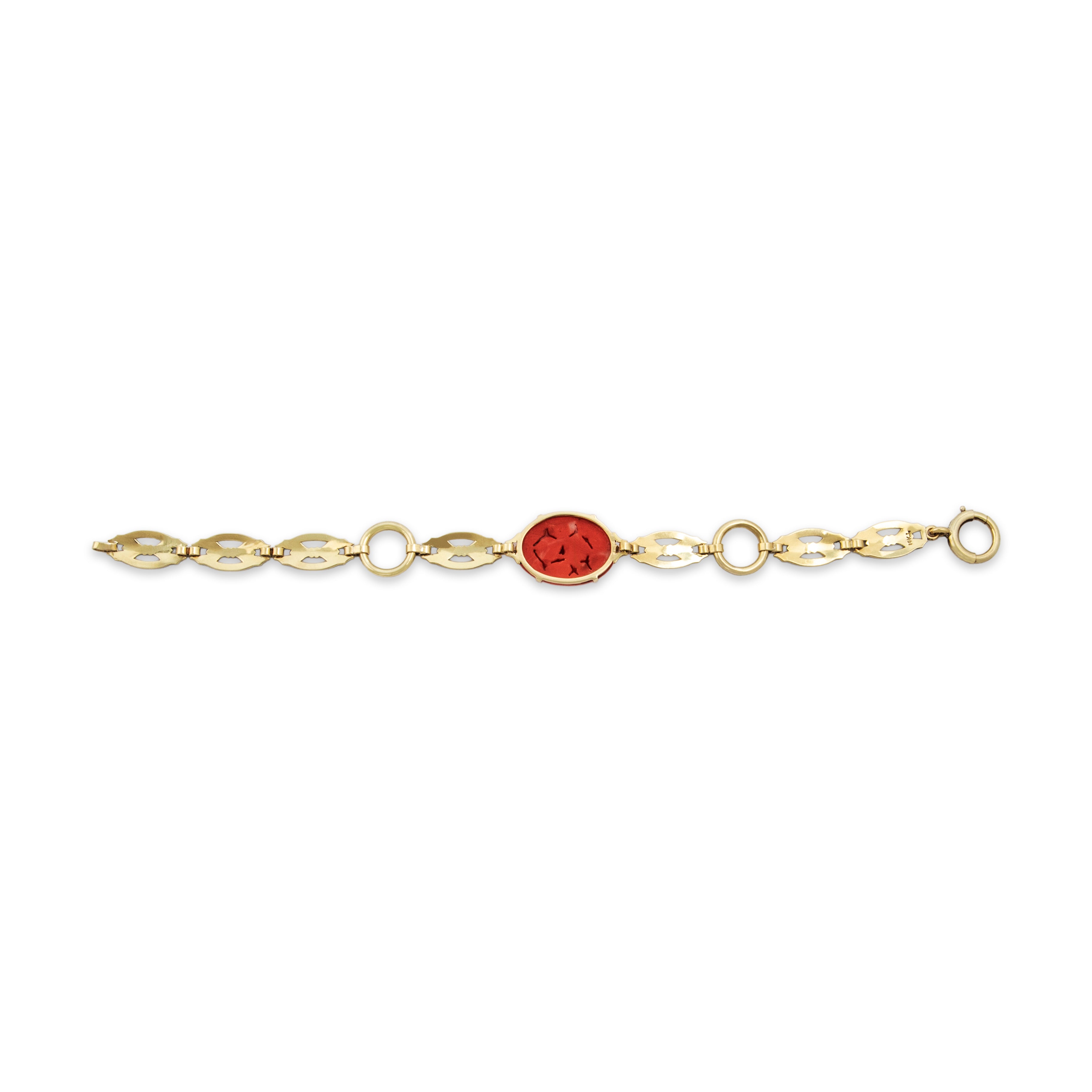 Antique 14k Yellow Gold Carved Coral Black & Green Enamel Bracelet 7.25"