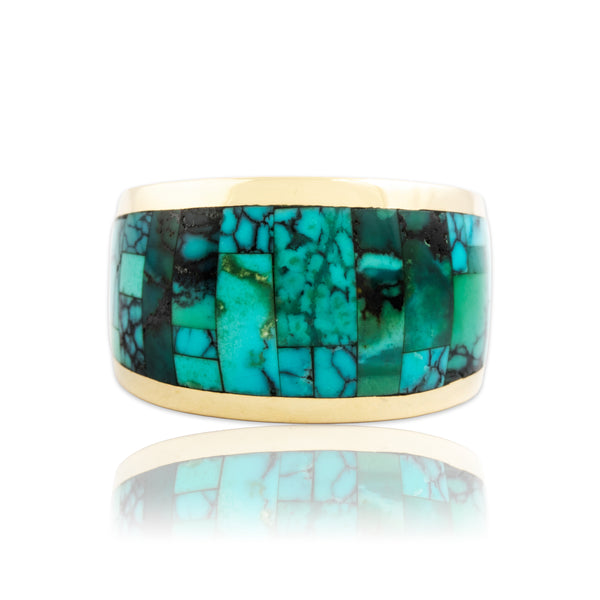 Vintage Heavy 14k Yellow Gold Turquoise Mosaic Inlay Wide Statement Ring 7.00