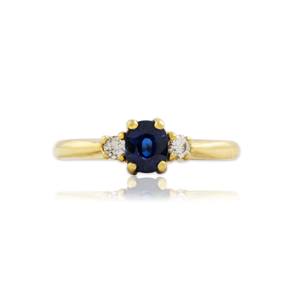 Vintage 18k Yellow Gold Blue Sapphire Diamond Elegant Trio Ring 7.0