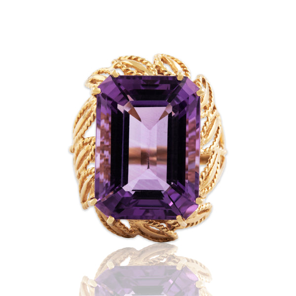 Vintage Large 14k Yellow Gold 14.5ct Amethyst Foliate Cocktail Ring 7.25