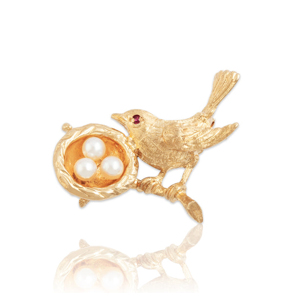 Vintage 14k Yellow Gold Pearl Ruby Figural Bird And Nest With Eggs Brooch / Pin