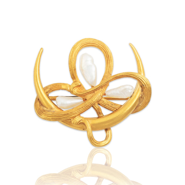 Antique Art Nouveau 10k Yellow Gold Pearl Swirling Moon And Clover Brooch / Pin