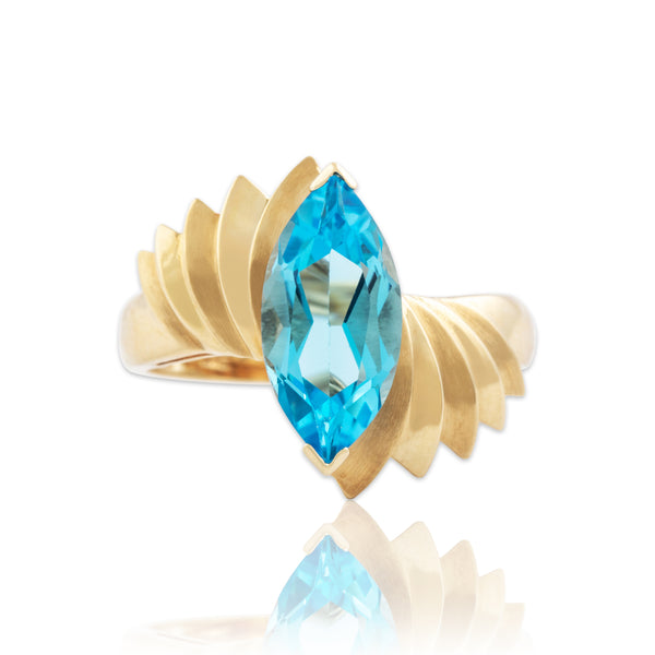 Vintage 14k Yellow Gold 2.6ct Blue Topaz Satin Marquise Bypass Ring 8.00