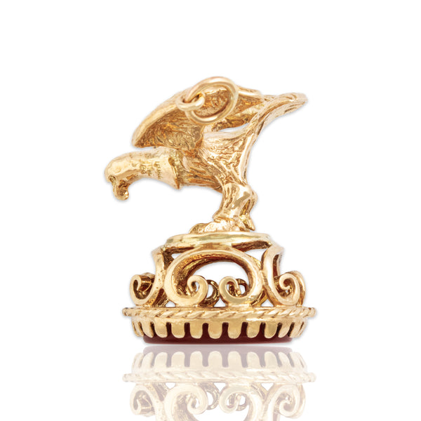 Vintage Large English 9k Yellow Gold 1.5ct Carnelian Figural Eagle Fob Pendant