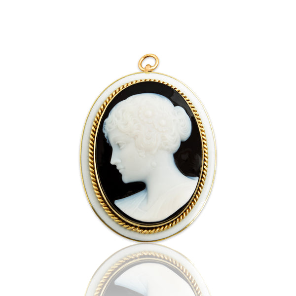 Antique Large 14k Yellow Gold Onyx Incredibly Carved Lady Cameo Pin / Pendant