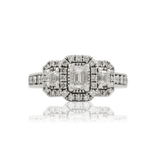Estate 14k White Gold 1.47cttw Diamond Emerald-Cut Triple Halo Ring 7.50