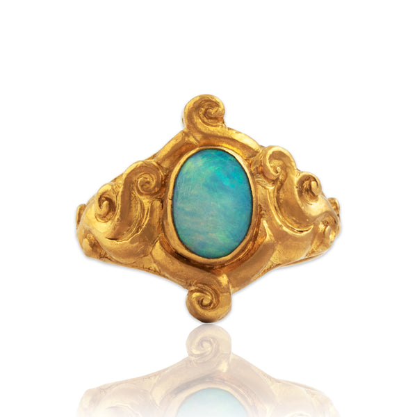 Vintage Chinese Heavy 24k Yellow Gold 1ct Opal Chic Swirling Cabochon Ring 6.00