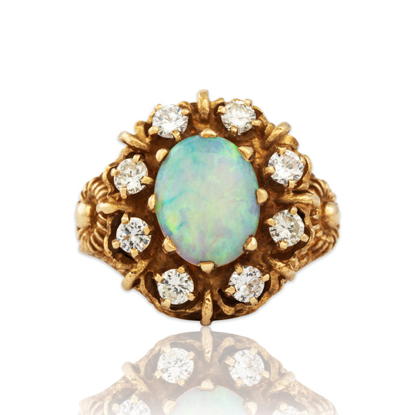 Vintage Heavy 14k Yellow Gold 1.4ct Opal .592cttw Diamond Decorated Ring 7.00