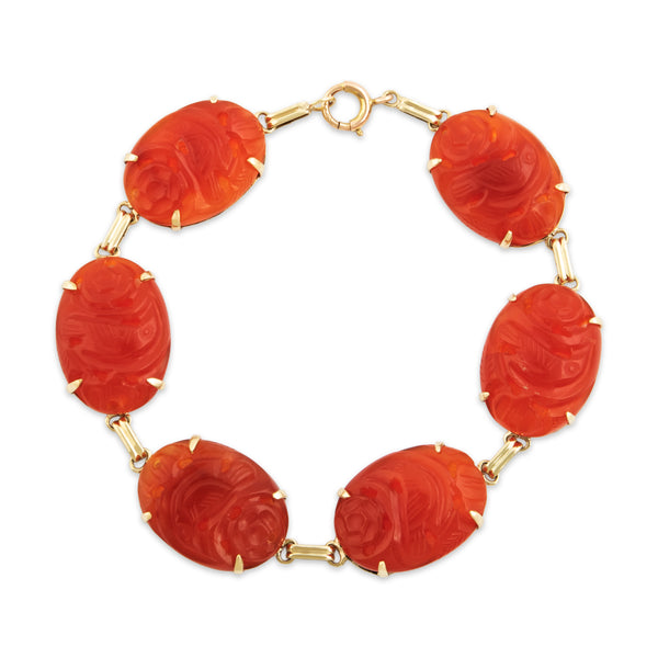 Antique 14k Yellow Gold 60cttw Carnelian Incredible Carved Floral Bracelet 7