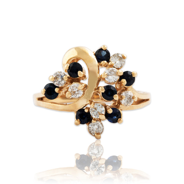 Vintage 14k Yellow Gold Diamond Blue Sapphire Swirling Cluster Ring 6.00