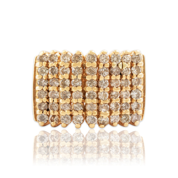 Vintage Large 14k Yellow Gold 1.35cttw Diamond Bold Six-Row Ring 6.75
