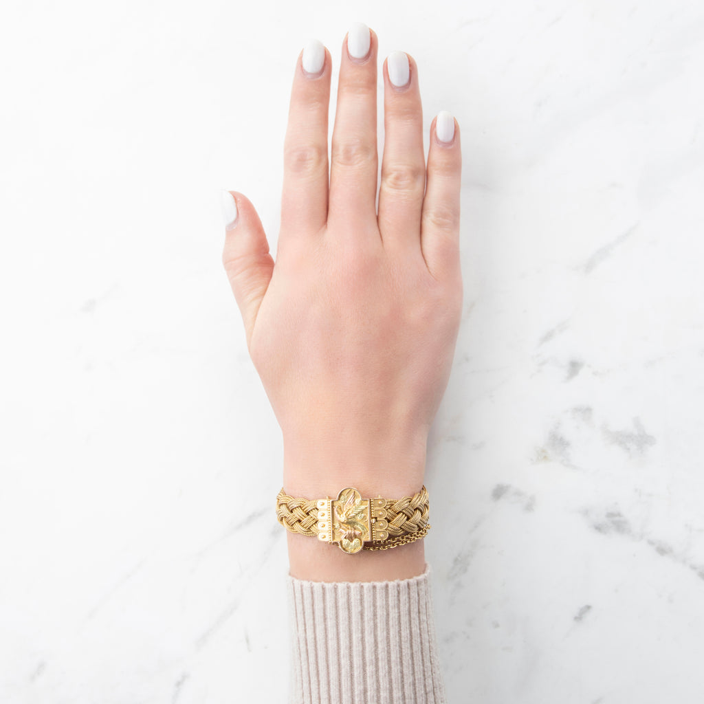 Antique Victorian 14k Yellow Gold Incredible Detailed Bird Braided Bracelet 6.75"