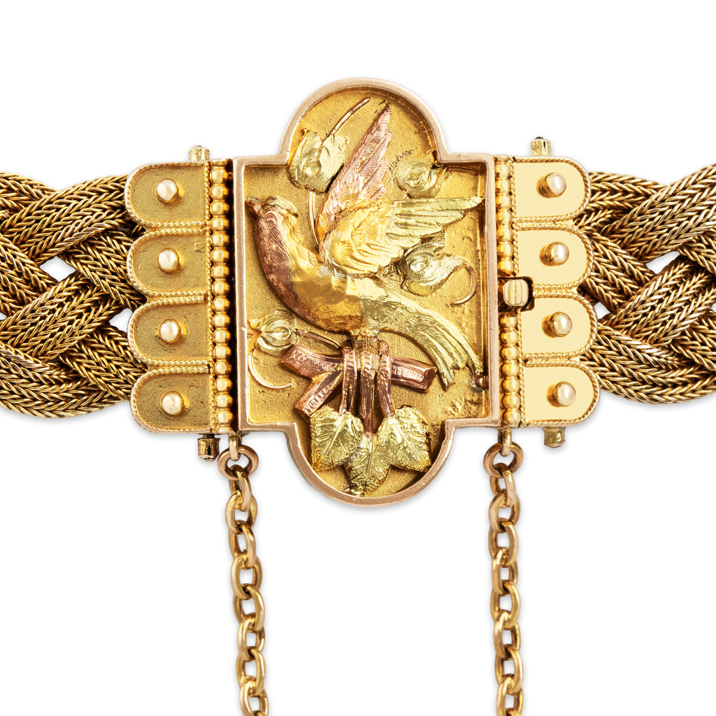Antique Victorian 14k Yellow Gold Incredible Detailed Bird Braided Bracelet 6.75"