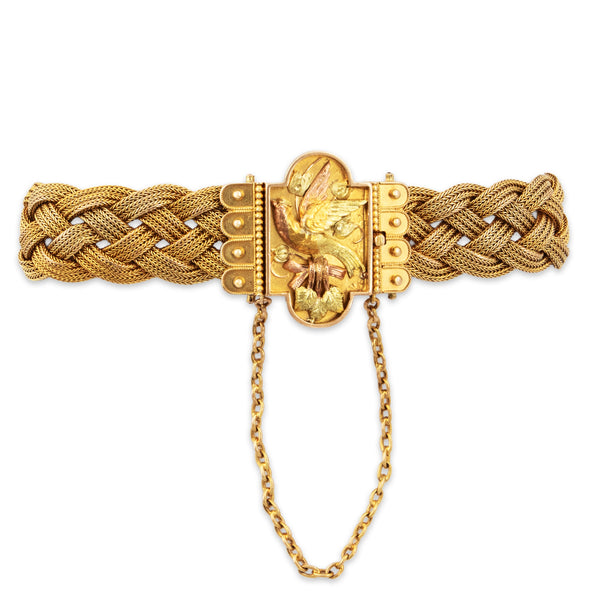 Antique Victorian 14k Yellow Gold Incredible Detailed Bird Braided Bracelet 6.75
