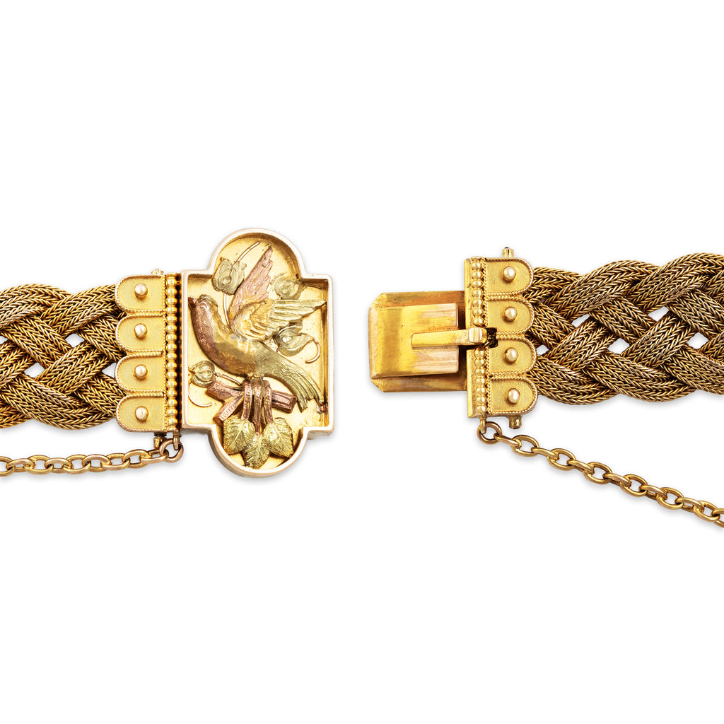 Antique Victorian 14k Yellow Gold Incredible Detailed Bird Braided Bracelet 6.75"