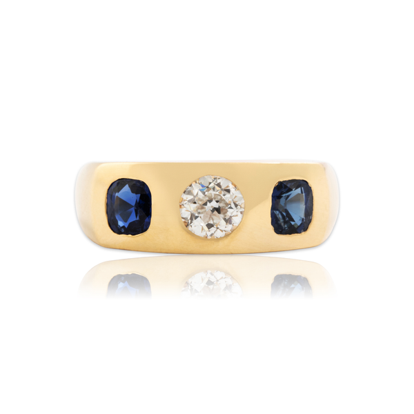 Vintage Heavy 18k Yellow Gold .5ct Old European Diamond .8cttw Sapphire Ring 7.50