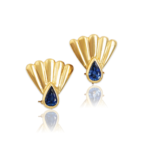 Vintage 18k Yellow Gold 1.4cttw Blue Sapphire Chic Fan Statement Earrings