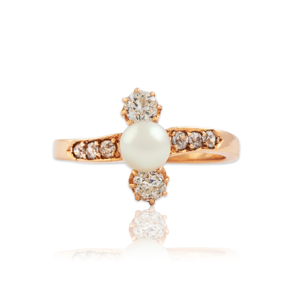 Antique 14k Rosy Yellow Gold Pearl Old Mine Cut Diamond Stunning Line Ring 6.00
