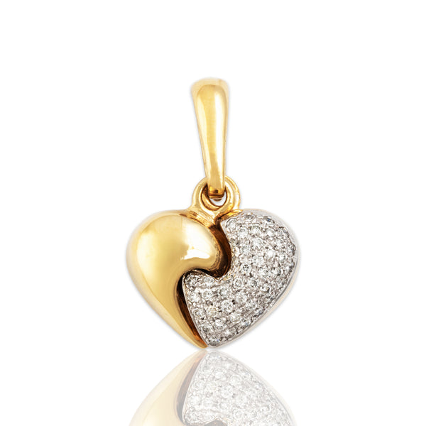 Vintage Italian 18k Yellow & White Gold Diamond Pave Interlocked Heart Pendant