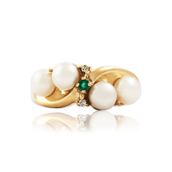 Vintage 14k Yellow Gold Pearl Emerald Diamond Lustrous Quartet Ring 6.50