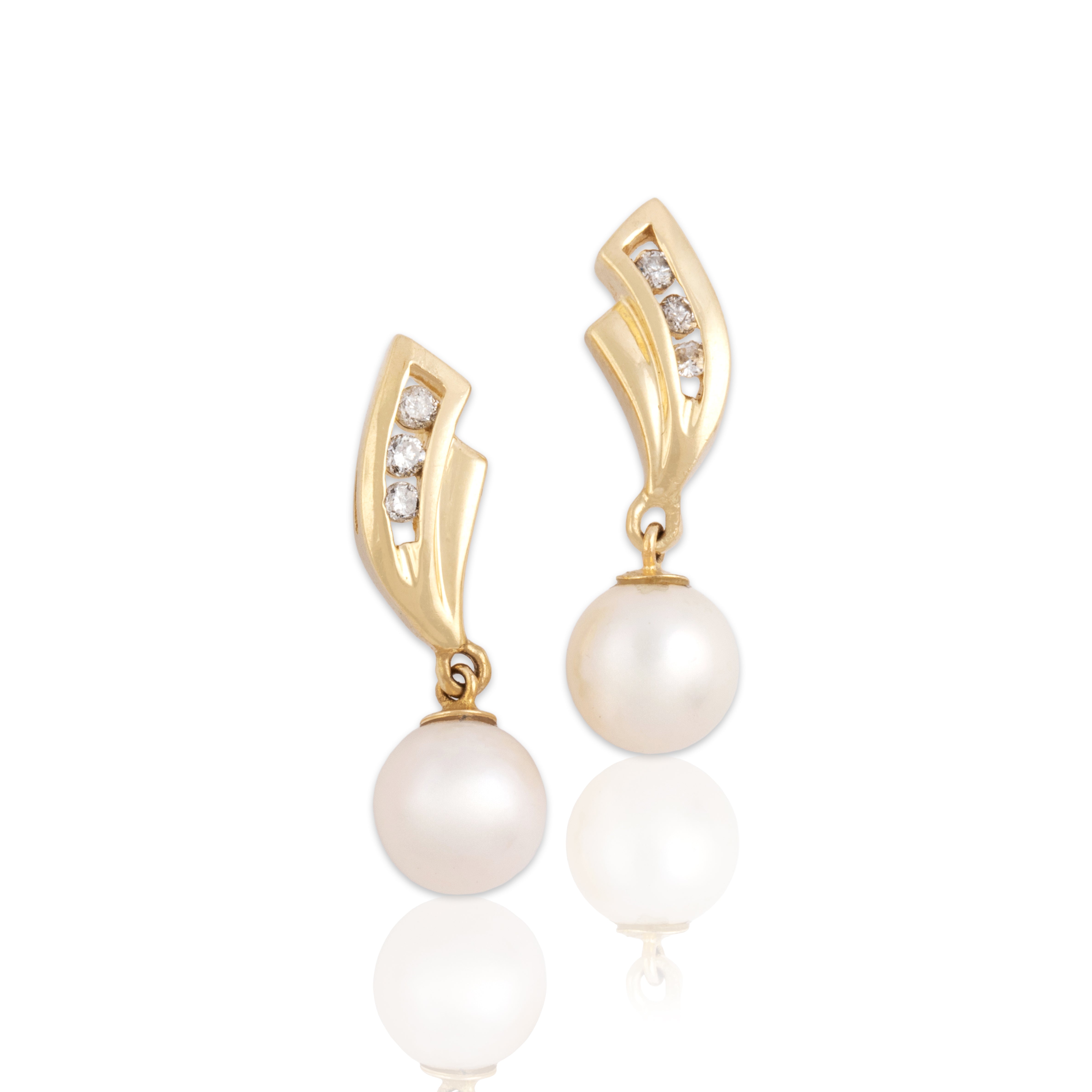 Vintage 14k Yellow Gold Pearl Diamond Curved Flare Channel Dangle Earrings - Close-up view
