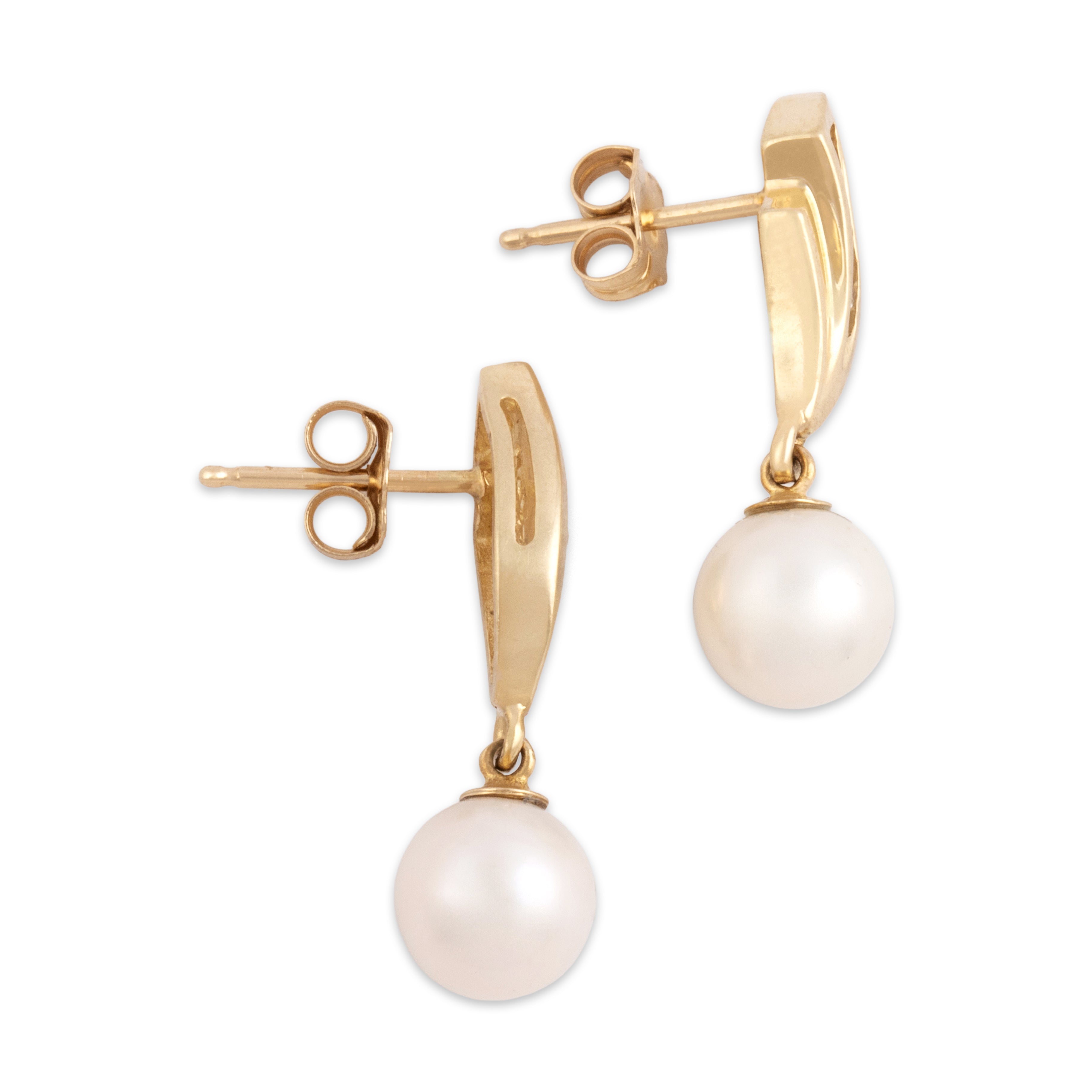 Vintage 14k Yellow Gold Pearl Diamond Curved Flare Channel Dangle Earrings - Side view