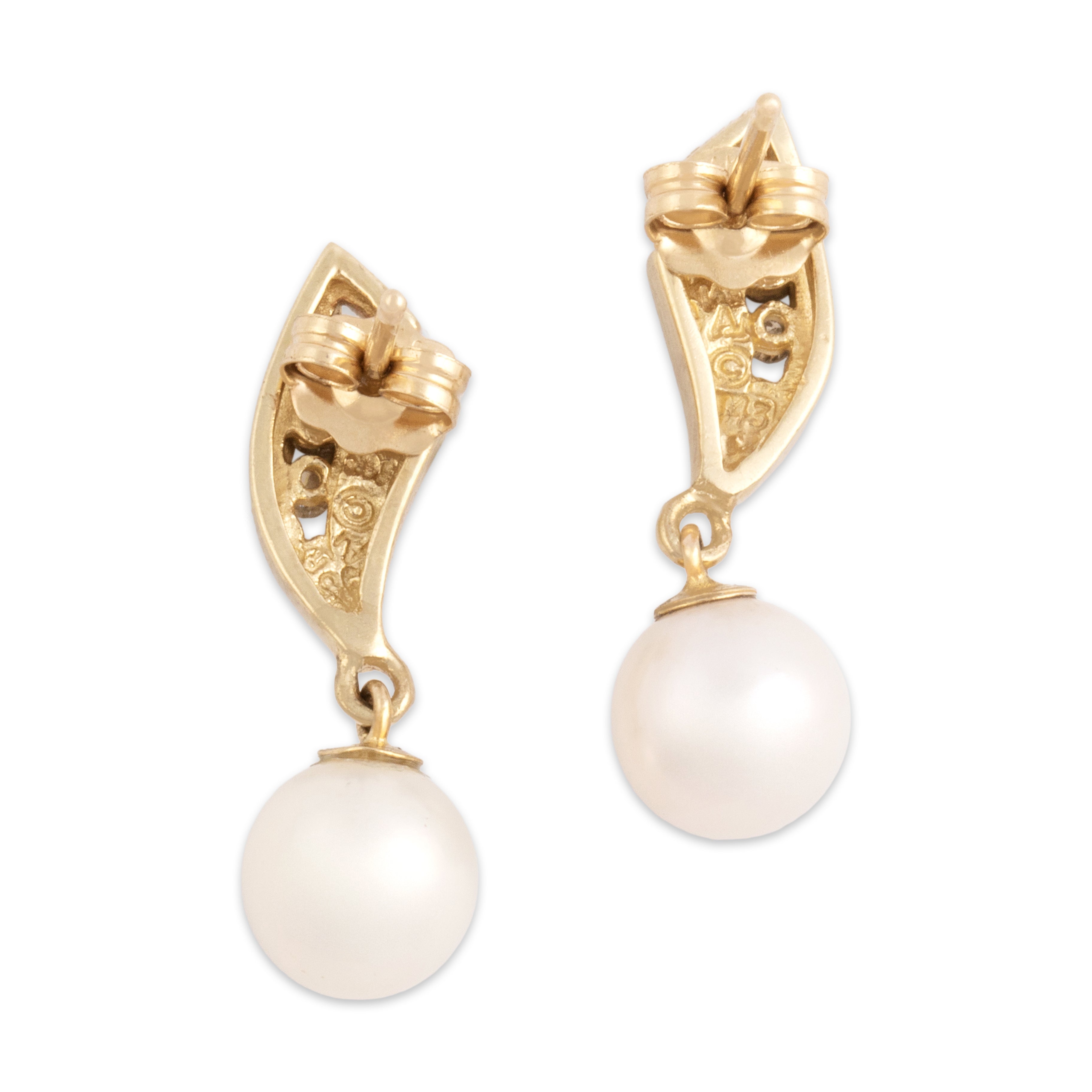 Vintage 14k Yellow Gold Pearl Diamond Curved Flare Channel Dangle Earrings - Back view