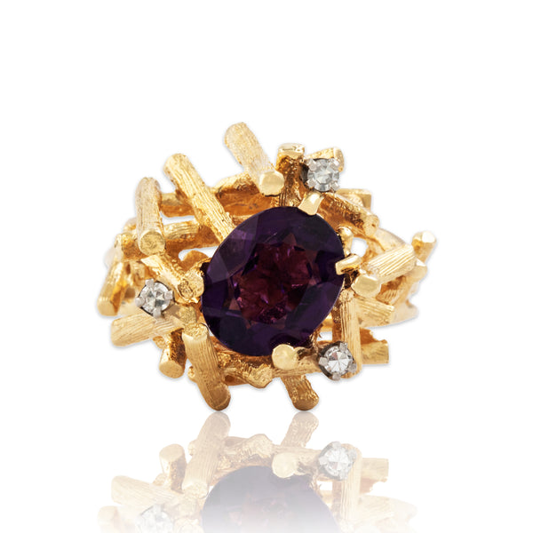 Vintage 14k Yellow Gold 1.9ct Amethyst Diamond Brutalist Nest Ring 8.25