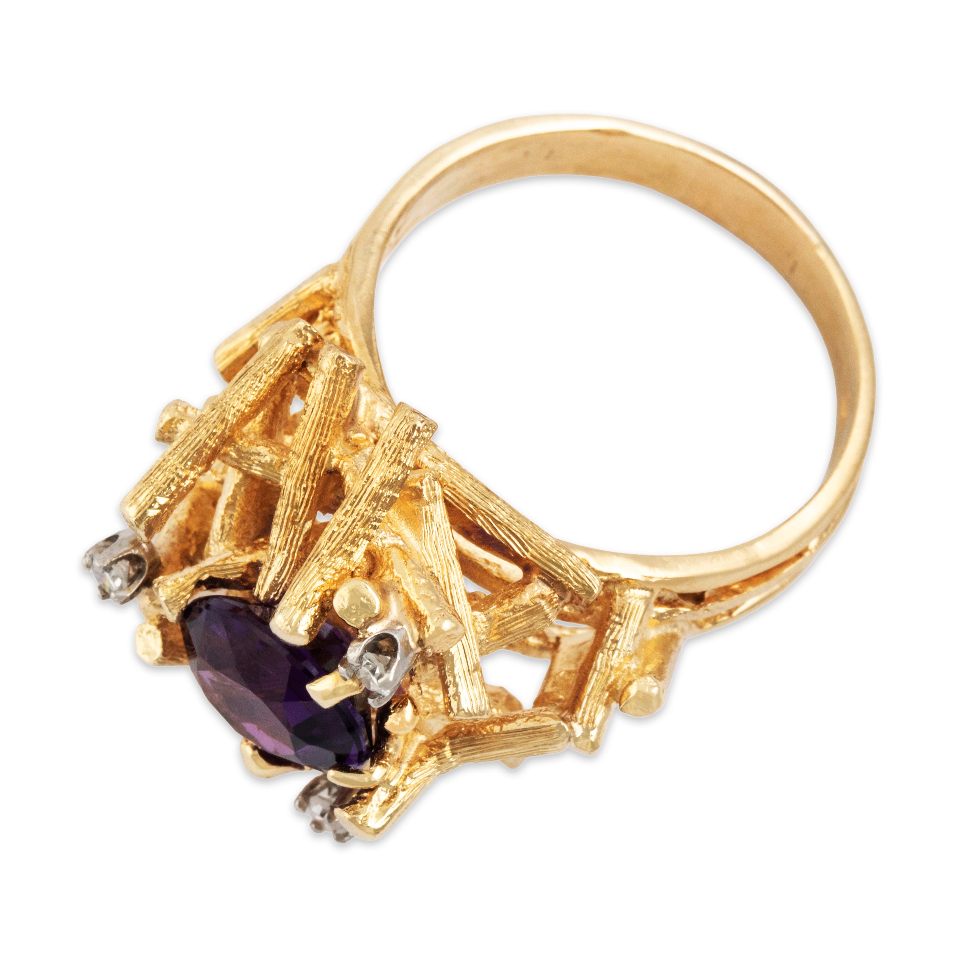 Vintage 14k Yellow Gold 1.9ct Amethyst Diamond Brutalist Nest Ring - Overall view