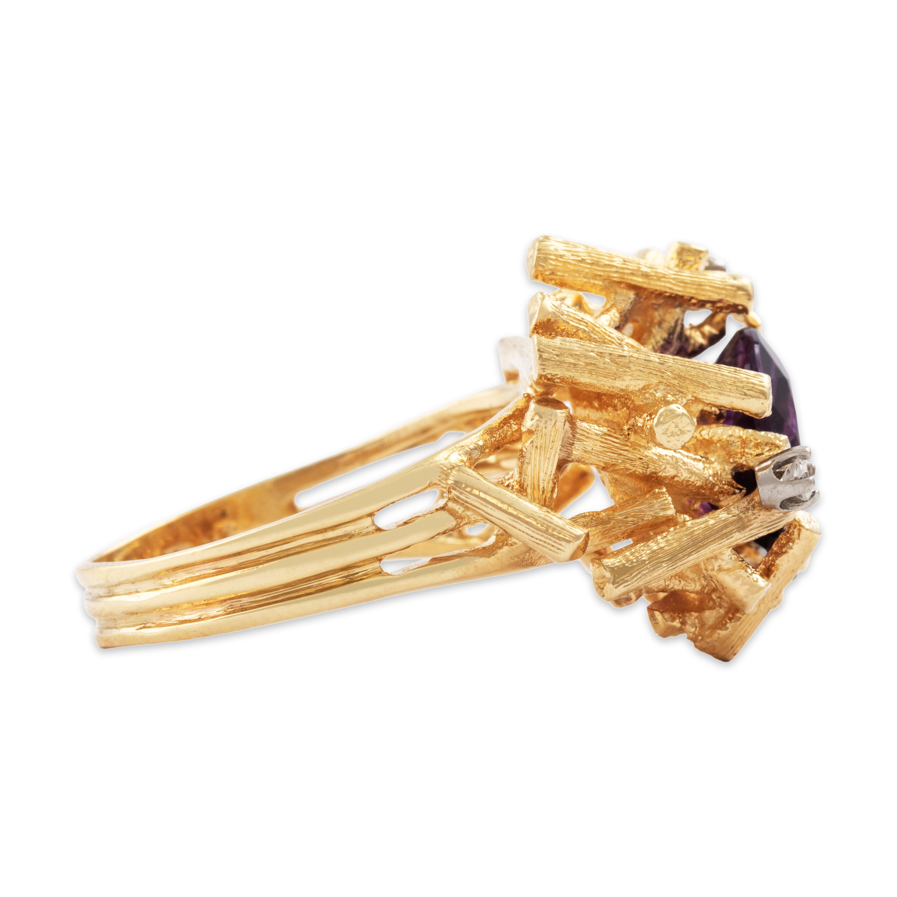 Vintage 14k Yellow Gold 1.9ct Amethyst Diamond Brutalist Nest Ring - Side view