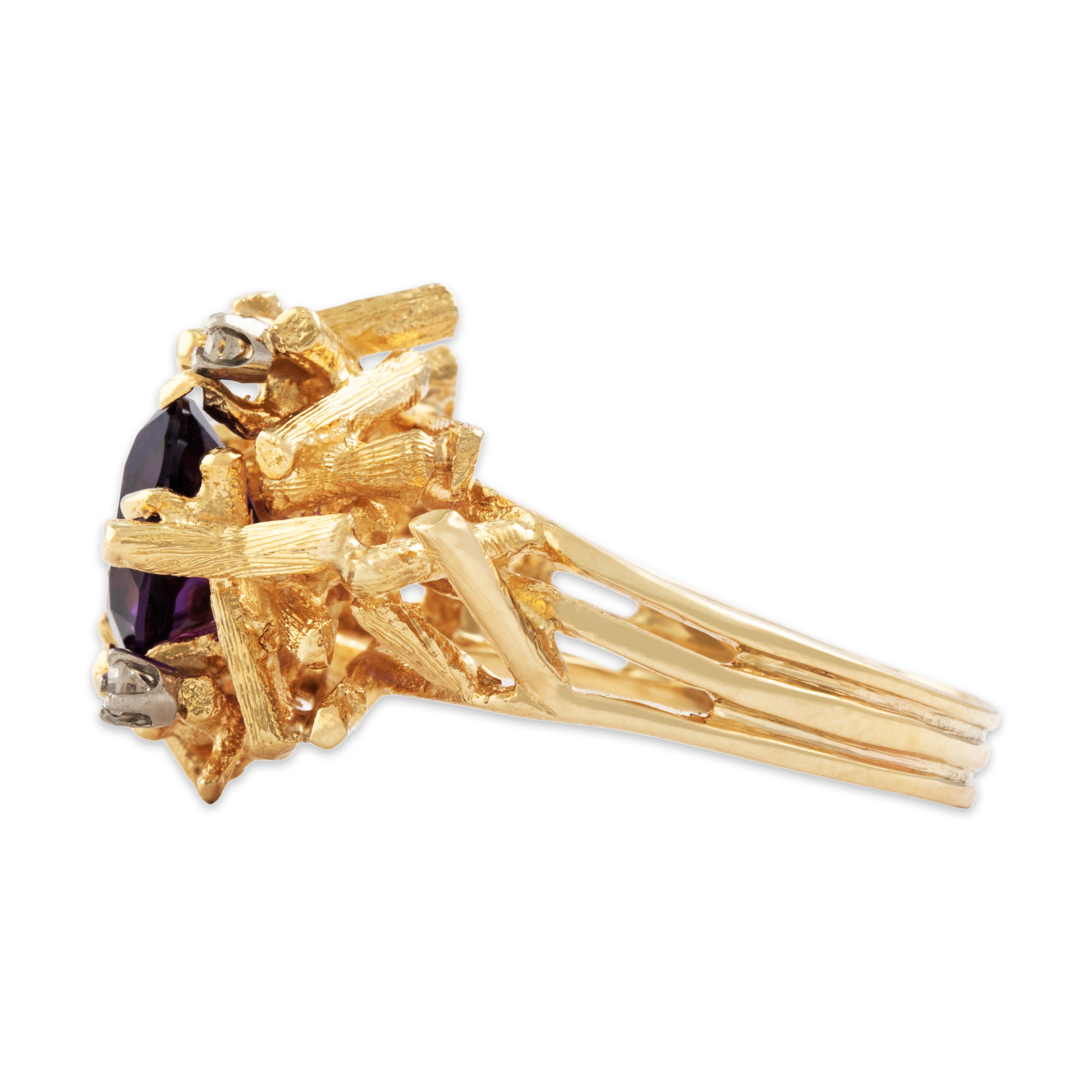 Vintage 14k Yellow Gold 1.9ct Amethyst Diamond Brutalist Nest Ring - Side view