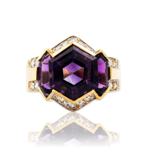 Vintage Heavy 18k Yellow Gold 8cttw Amethyst Diamond Stunning Hexagon Ring 5.75