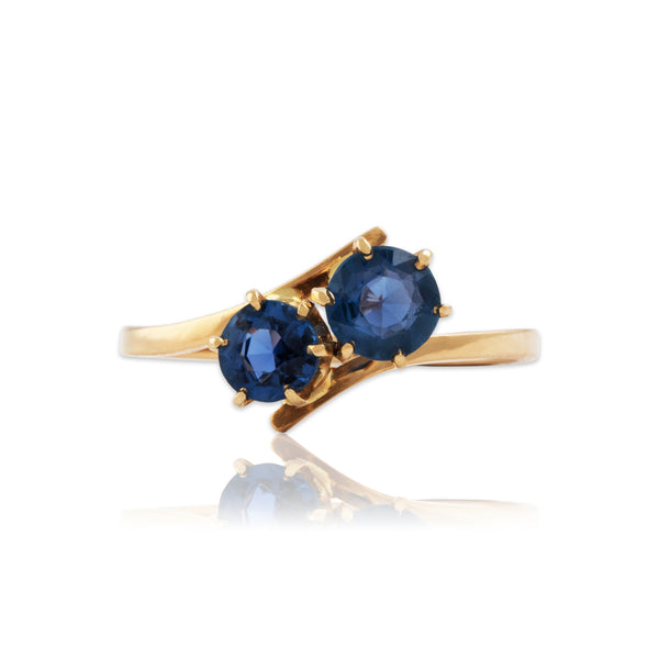 Vintage 14k Yellow Gold 1.2cttw Blue Synthetic Sapphire Flashing Duo Ring 9.00