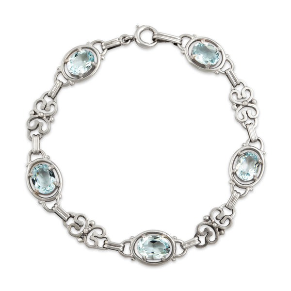 Vintage 14k White Gold 4cttw Aquamarine Elegant Open Scroll Link Bracelet 7