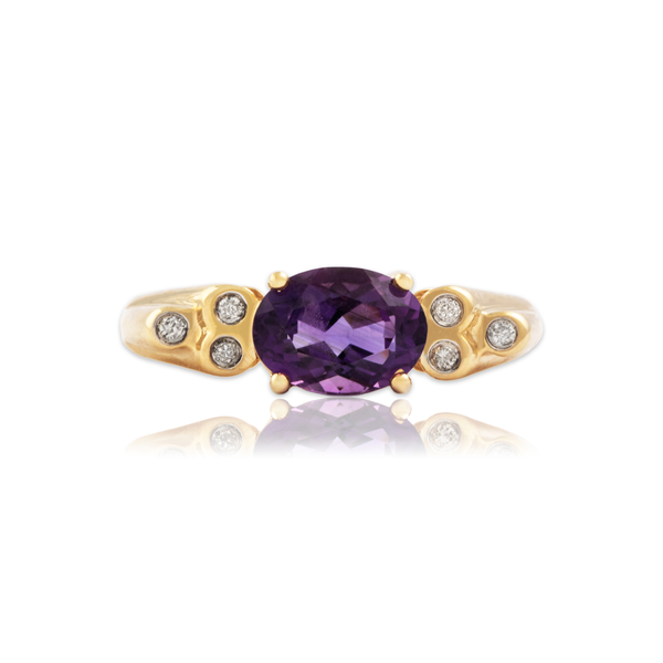 Vintage 14k Yellow Gold 1ct Amethyst Diamond Modern East-West Ring 8.5