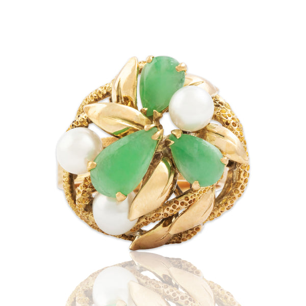 Vintage 14k Yellow Gold Jade Pearl Textured Foliate Cluster Ring 6.75